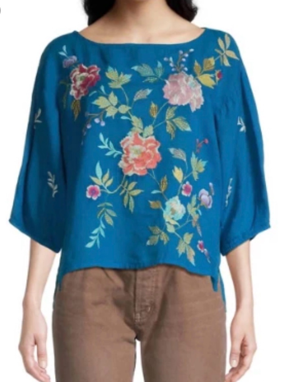 Johnny Was Workshop Blue Floral Embroidered  Ramie Boho Blouse Small
